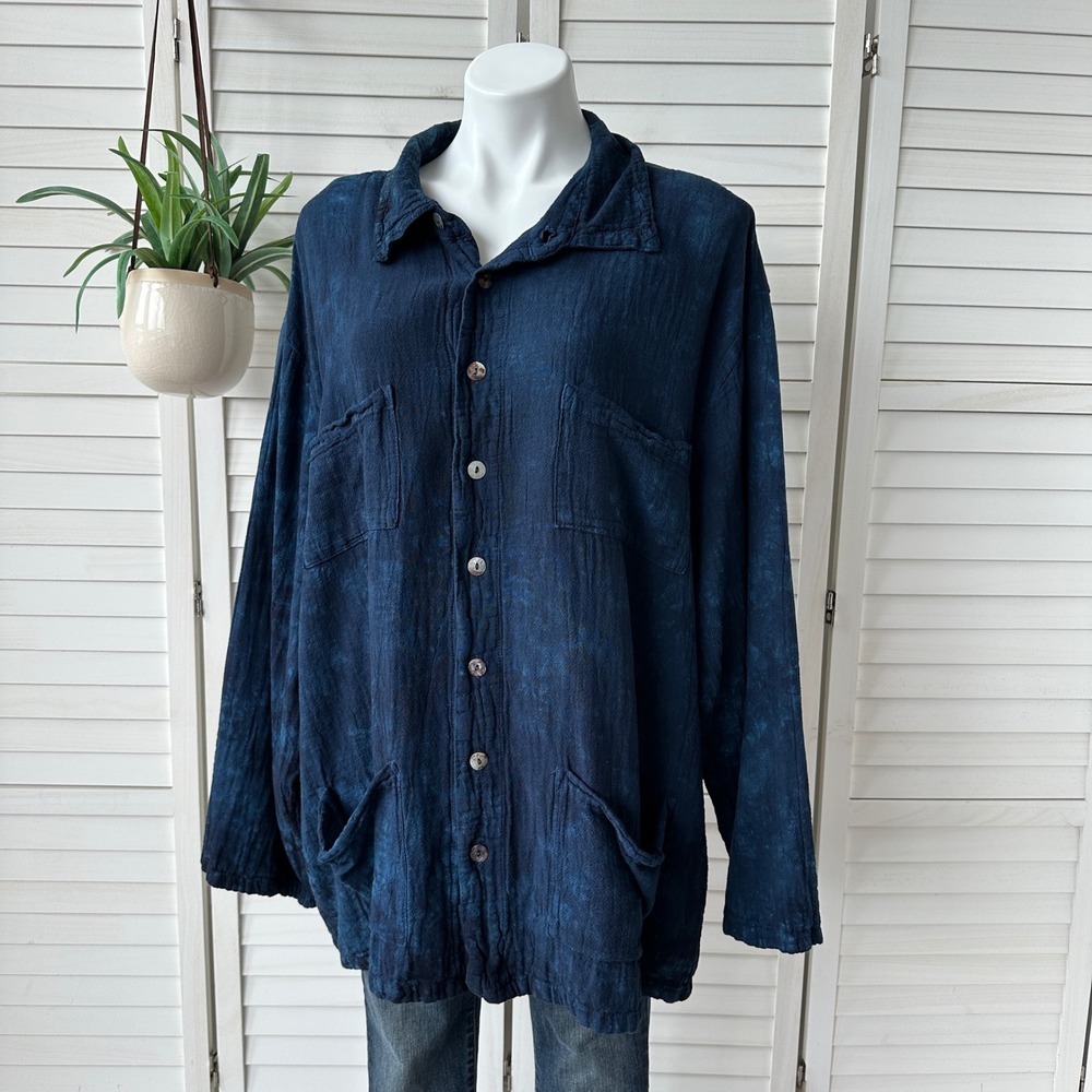 Oh My Gauze Cian Cotton Crinkle Blouse Washed Sapphire Blue Lagenlook Size 3 XXL